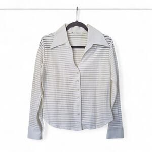 Rayure Paris Cream Textured Sheer Striped Collared Button Blouse France, Large